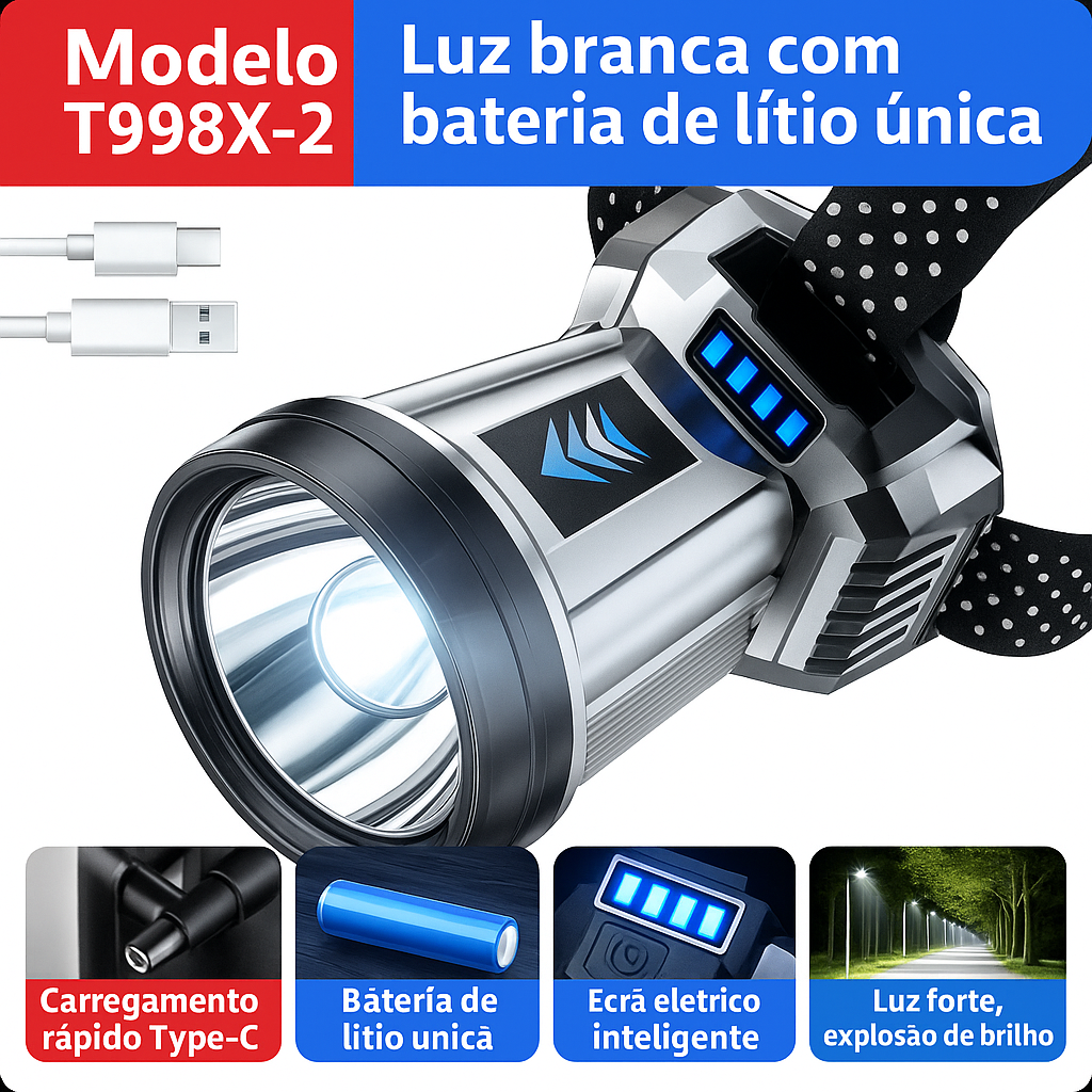 Lanterna de cabeça recarregável super brilhante e de alta potência